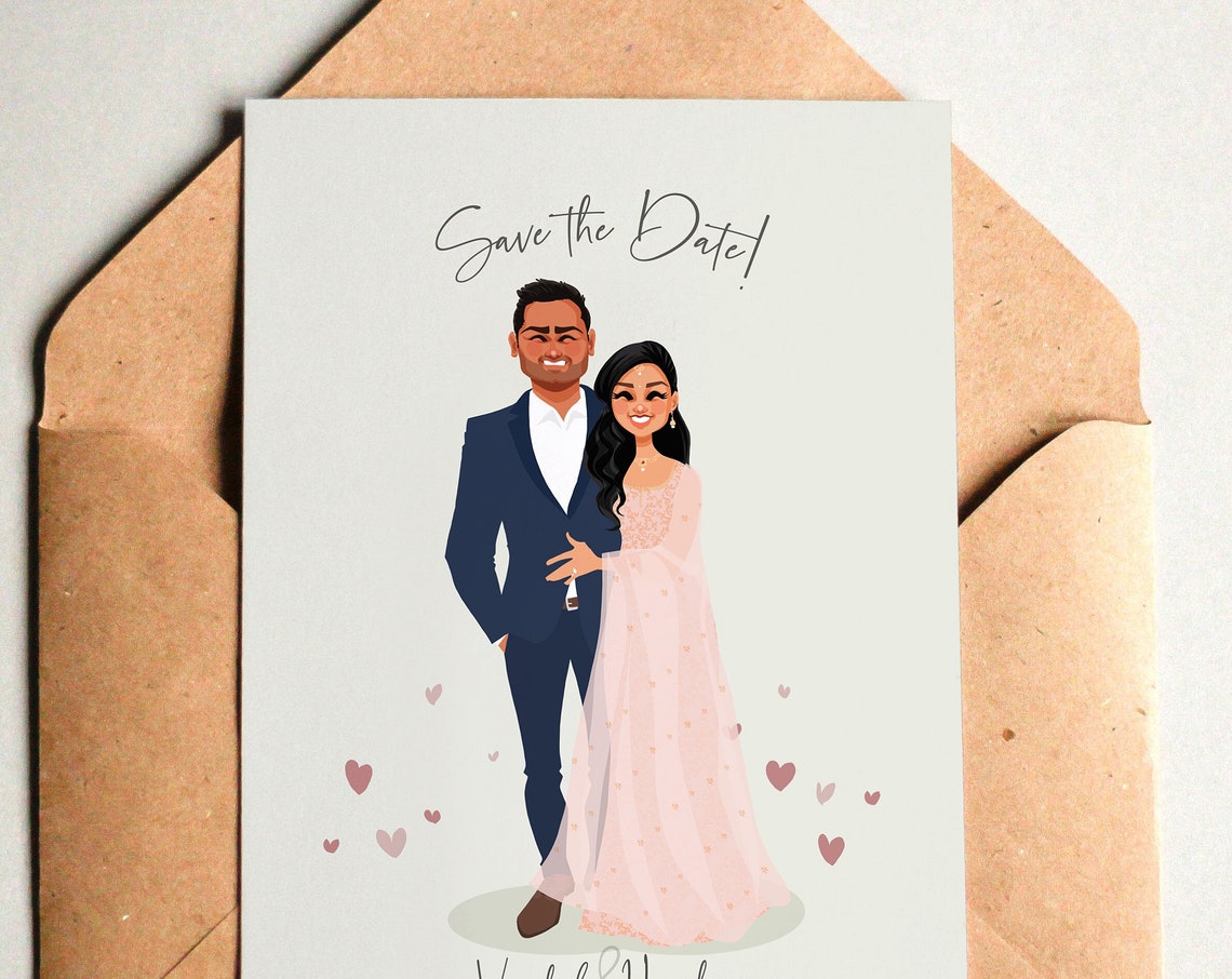 Custom Illustrated Save the Date Card With Smiling Couple Poster