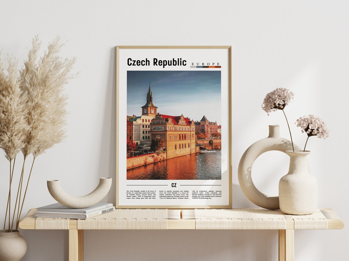 Czech Republic River Palace Clock Tower Europe Old Town Travel Poster - Image 3