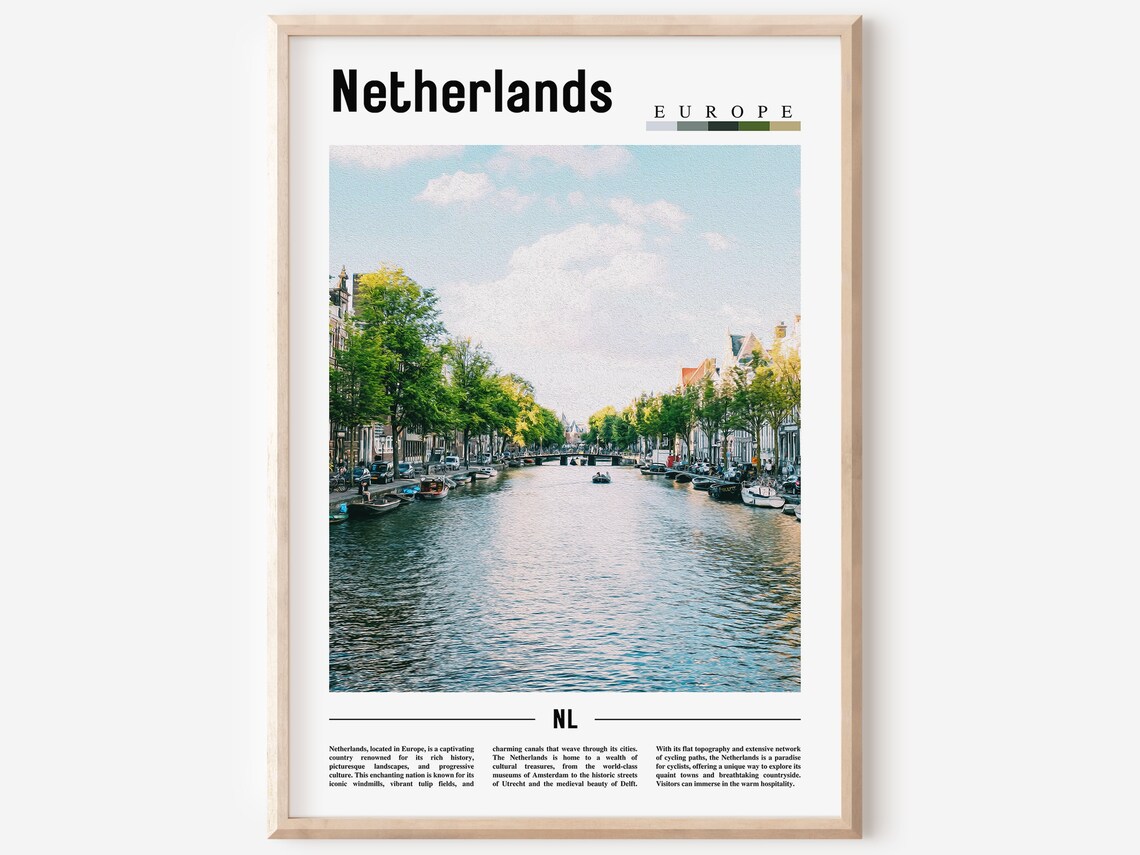 Netherlands Amsterdam Canal Boats Historic Houses Europe Travel Poster