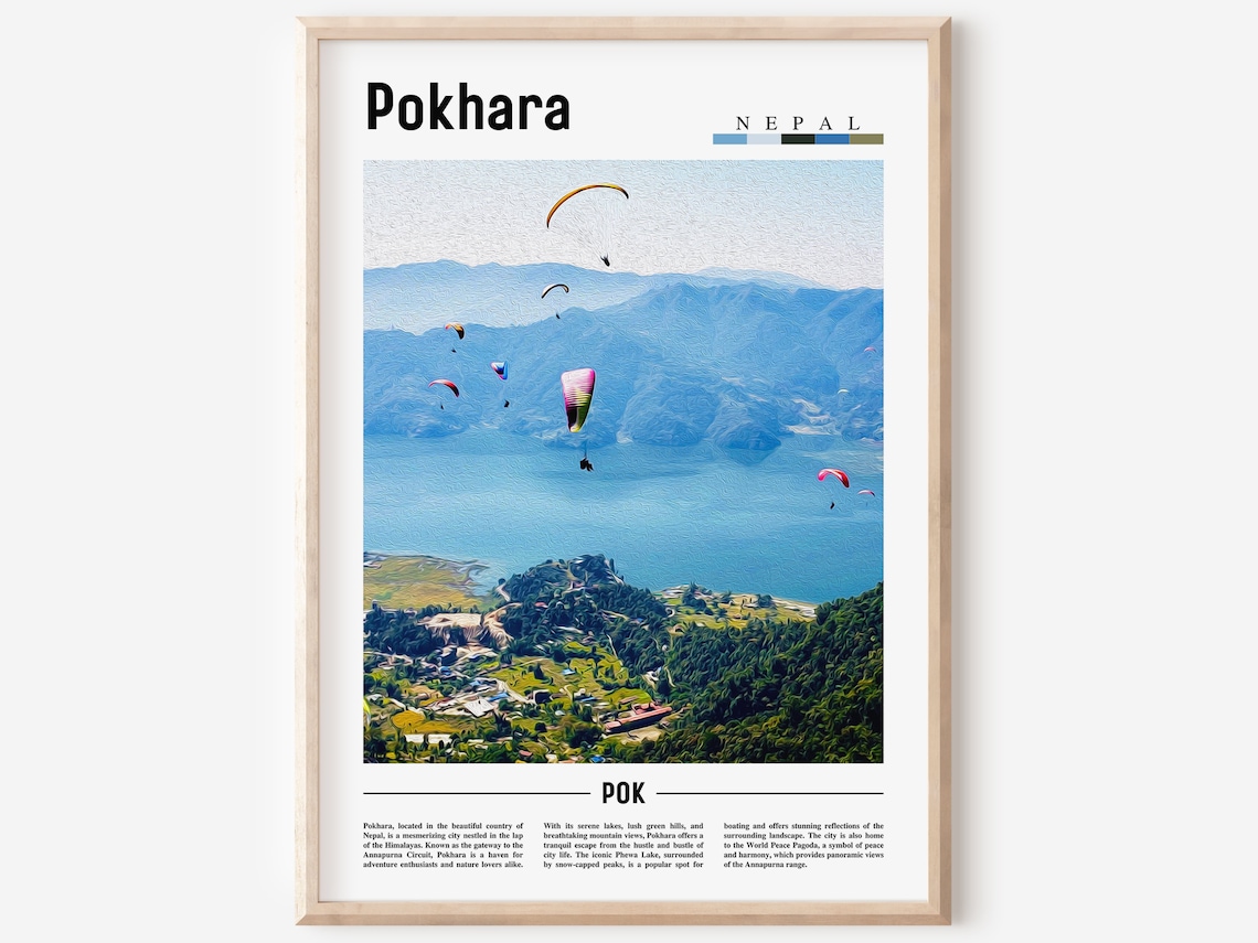 Pokhara Nepal Paragliders Over Blue Lake and Mountains Poster