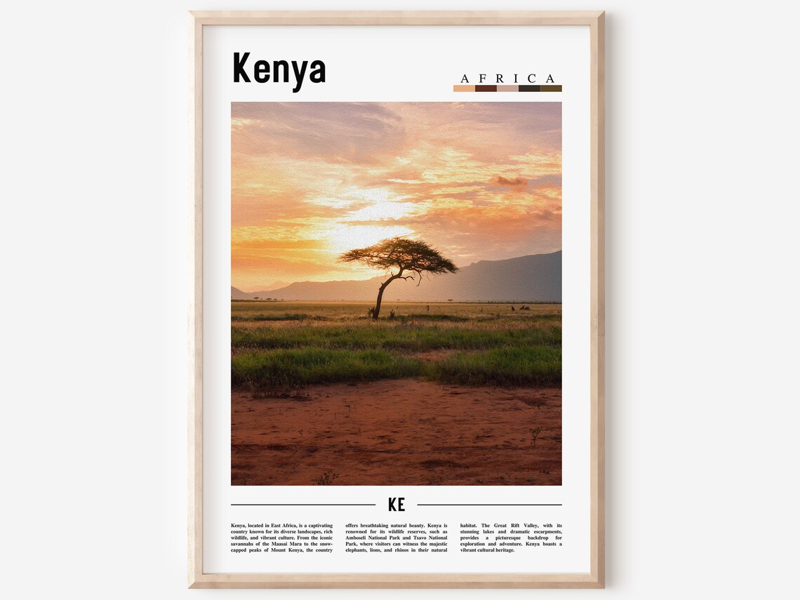 Kenya Africa Golden Savanna Sunset Acacia Color Travel Poster