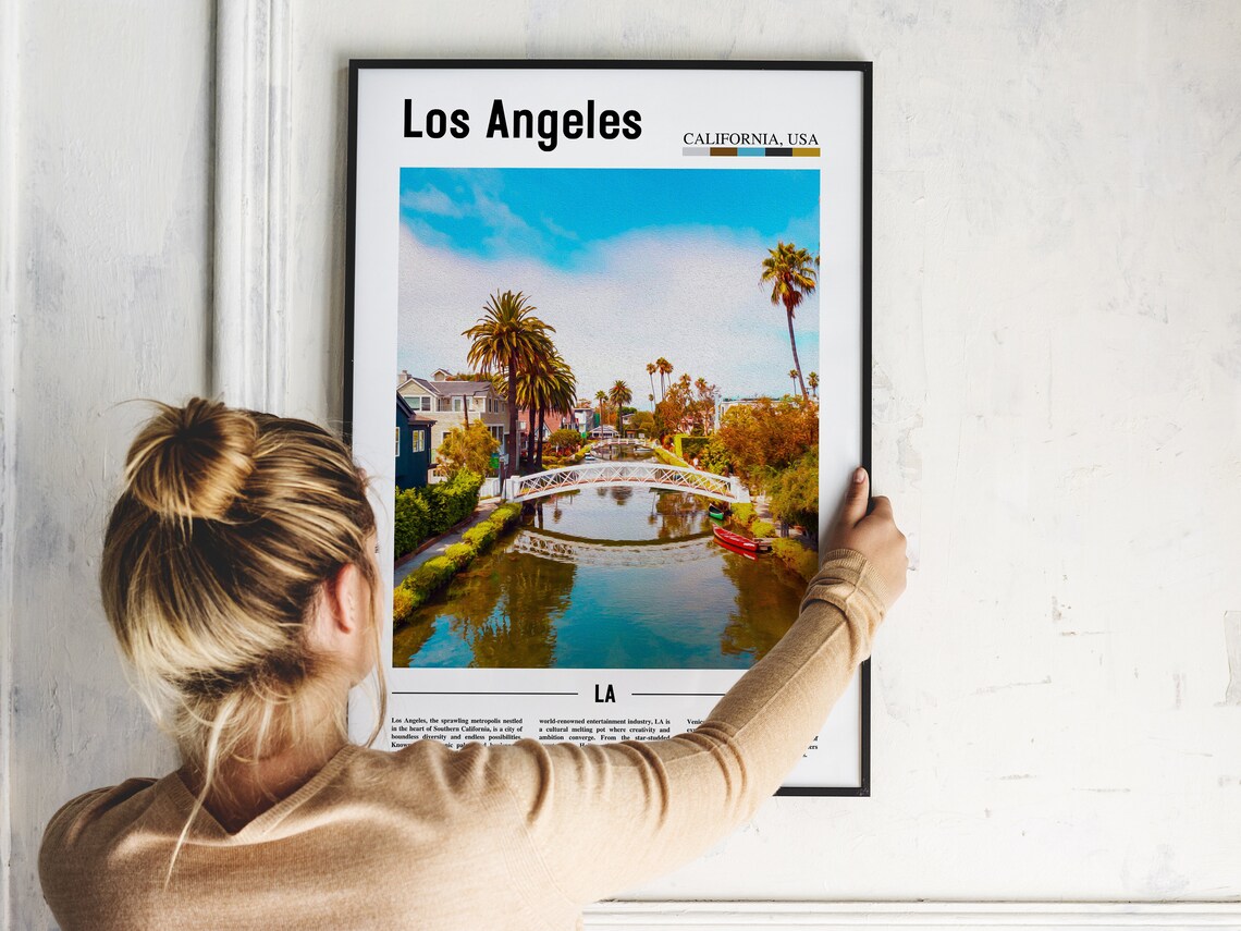 Los Angeles Venice Canals Footbridge Palm Trees Travel Art Poster - Image 2