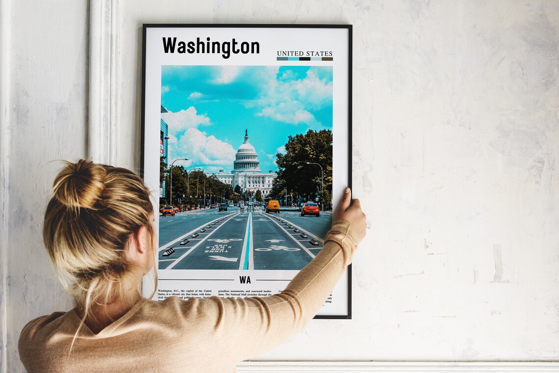 Washington DC US Capitol Building Teal Blue Sky Travel Art Poster - Image 2