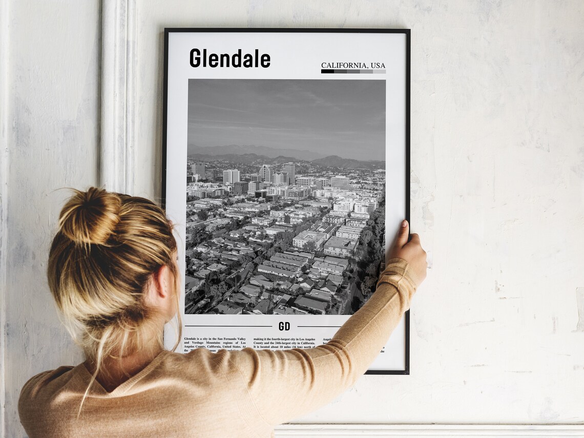 Glendale California Black And White Aerial City Travel Poster - Image 2