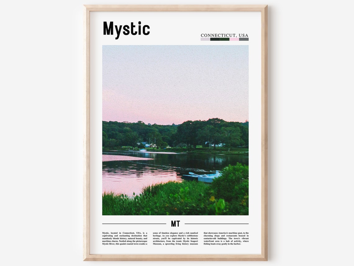 Mystic Connecticut Sunset River Waterfront Seaport Town Travel Poster