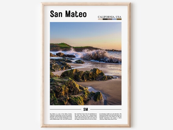 San Mateo California Rocky Beach Crashing Waves Minimal Travel Poster