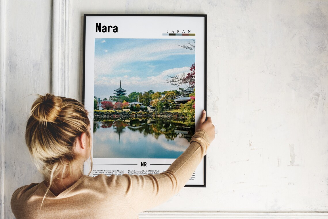 Nara Japan Five Story Pagoda Pond Reflection Travel Photo Poster - Image 2