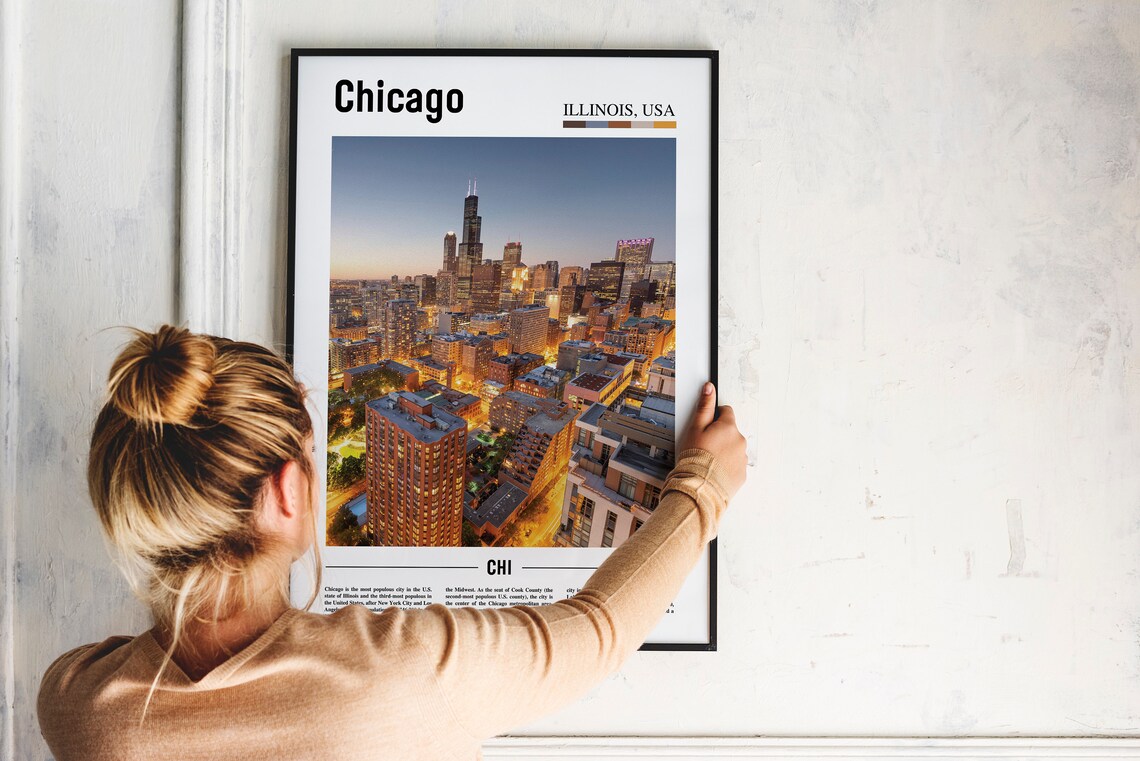 Chicago Illinois Evening Skyline City Lights Photography Travel Poster - Image 2