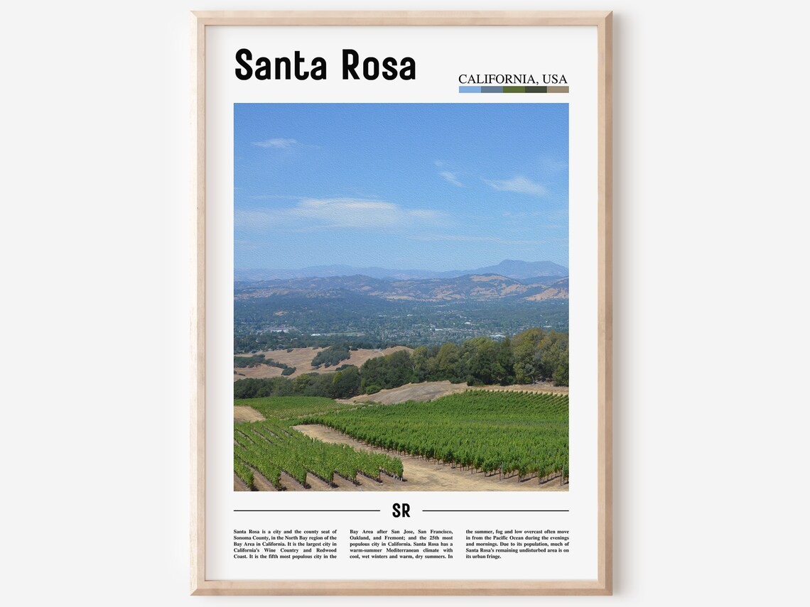 Santa Rosa California Wine Country Vineyard Hills Travel Poster