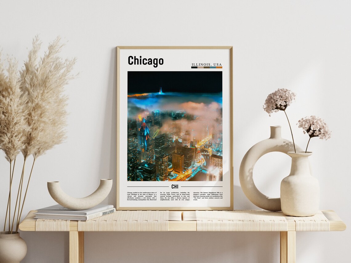 Chicago Illinois Night Skyline Fog City Lights Travel Poster - Image 3
