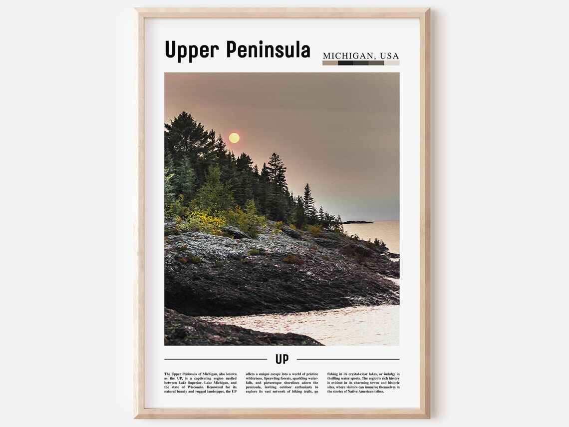 Upper Peninsula Michigan Travel Poster Lake Superior Sunset Shore