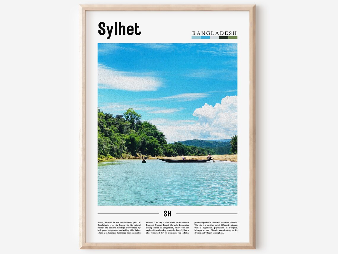 Sylhet Bangladesh River Boats Green Hills Landscape Travel Poster