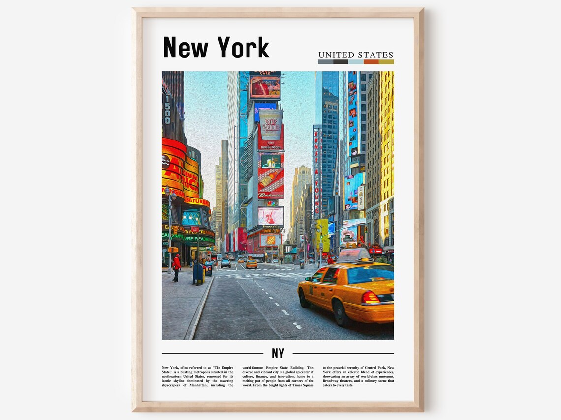 New York Yellow Cab Times Square Billboards Day Travel Poster