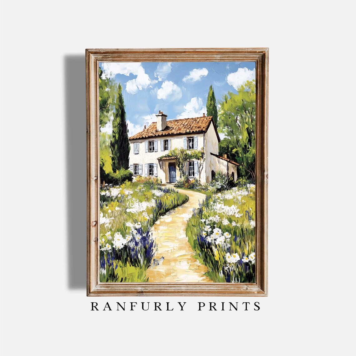 White Country Cottage Terracotta Roof Cypress Garden Art Poster
