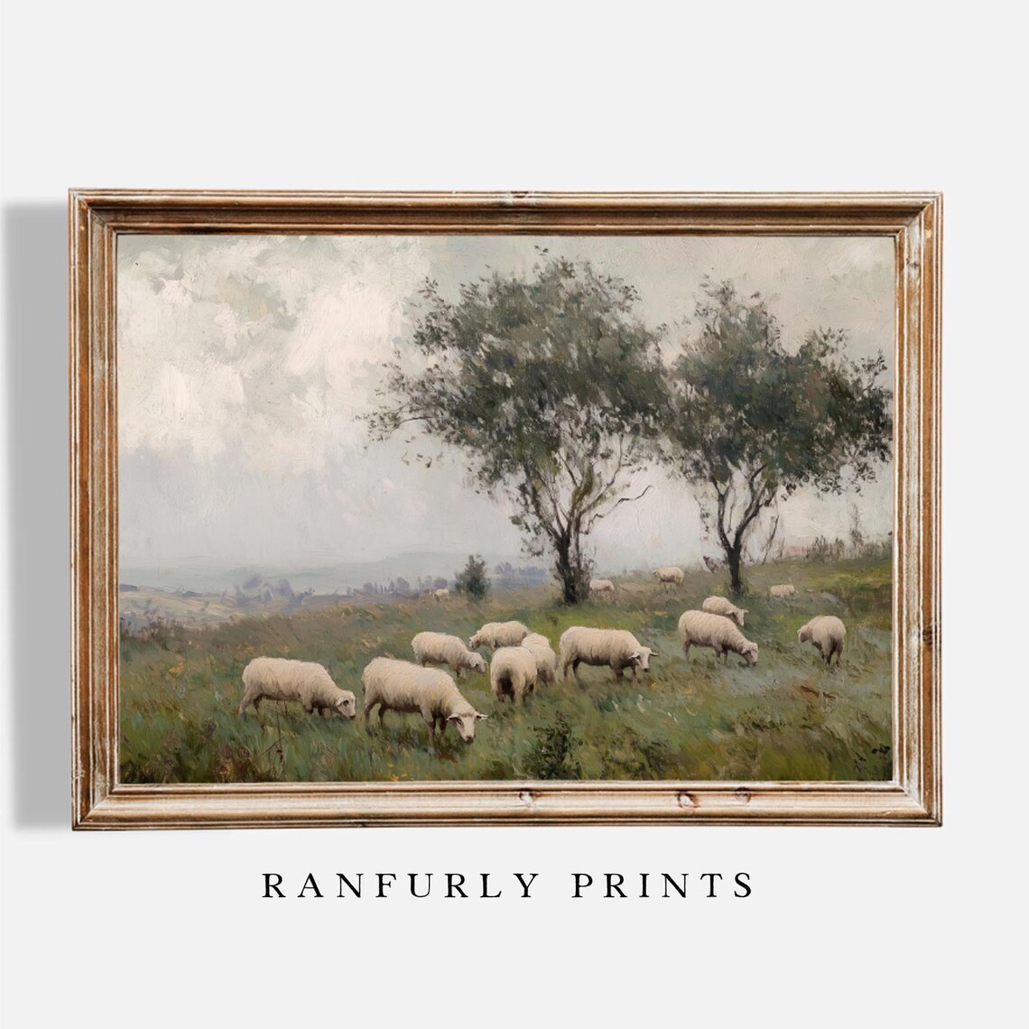Sheep Grazing Misty Pasture Vintage Pastoral Oil Painting Poster