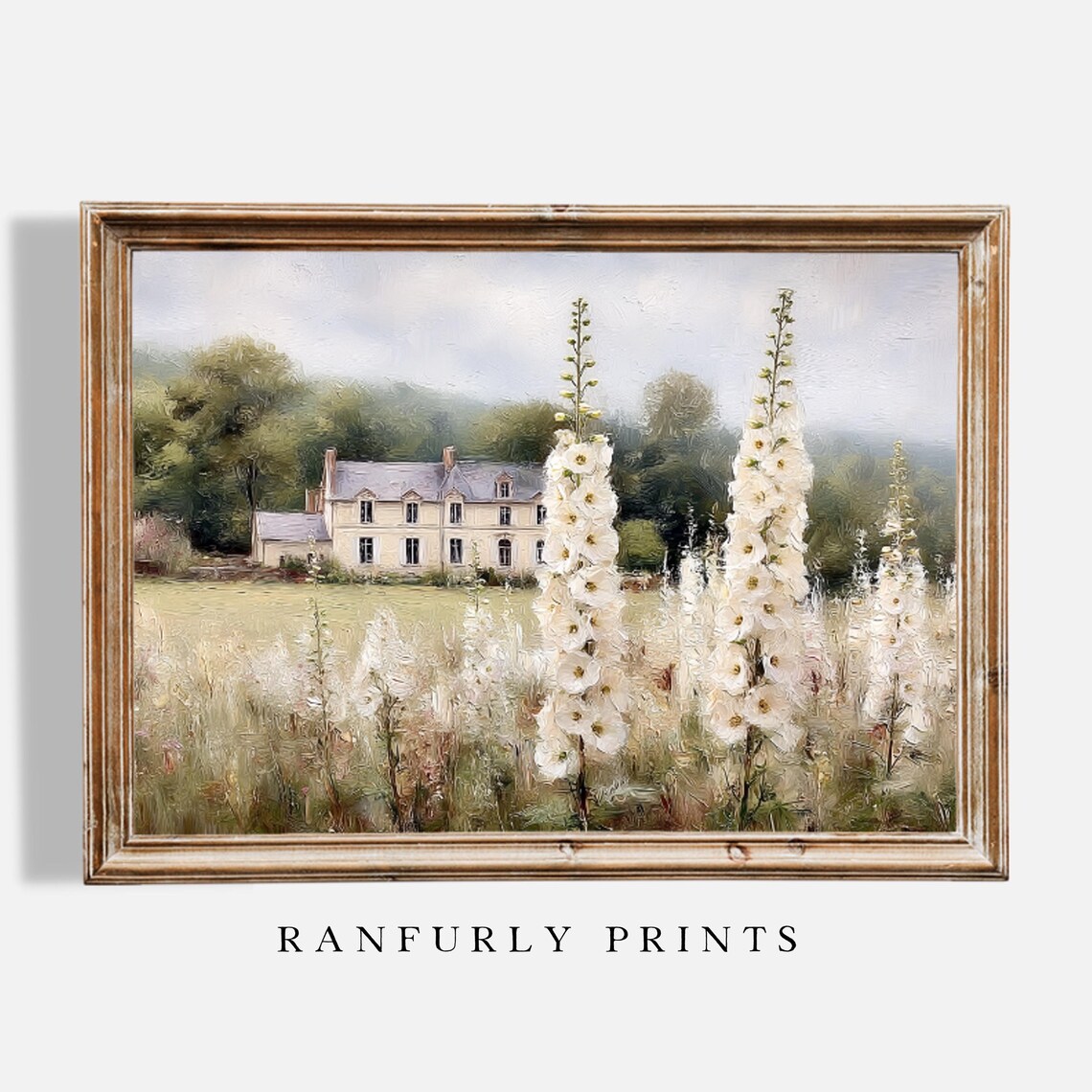 Country Manor House Tall White Flowers Vintage Garden Poster