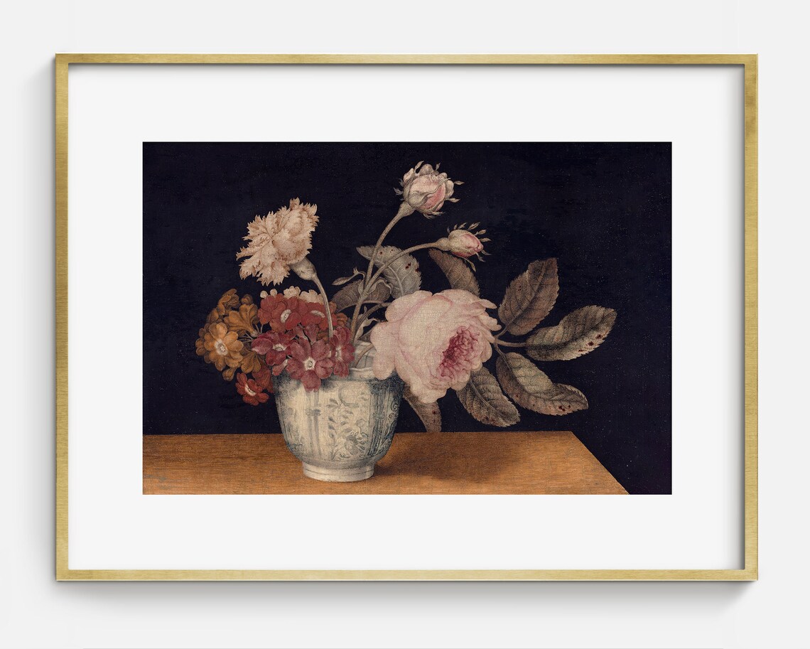 Pale Roses Carnations White Delft Vase Moody Still Life Art Poster - Image 2