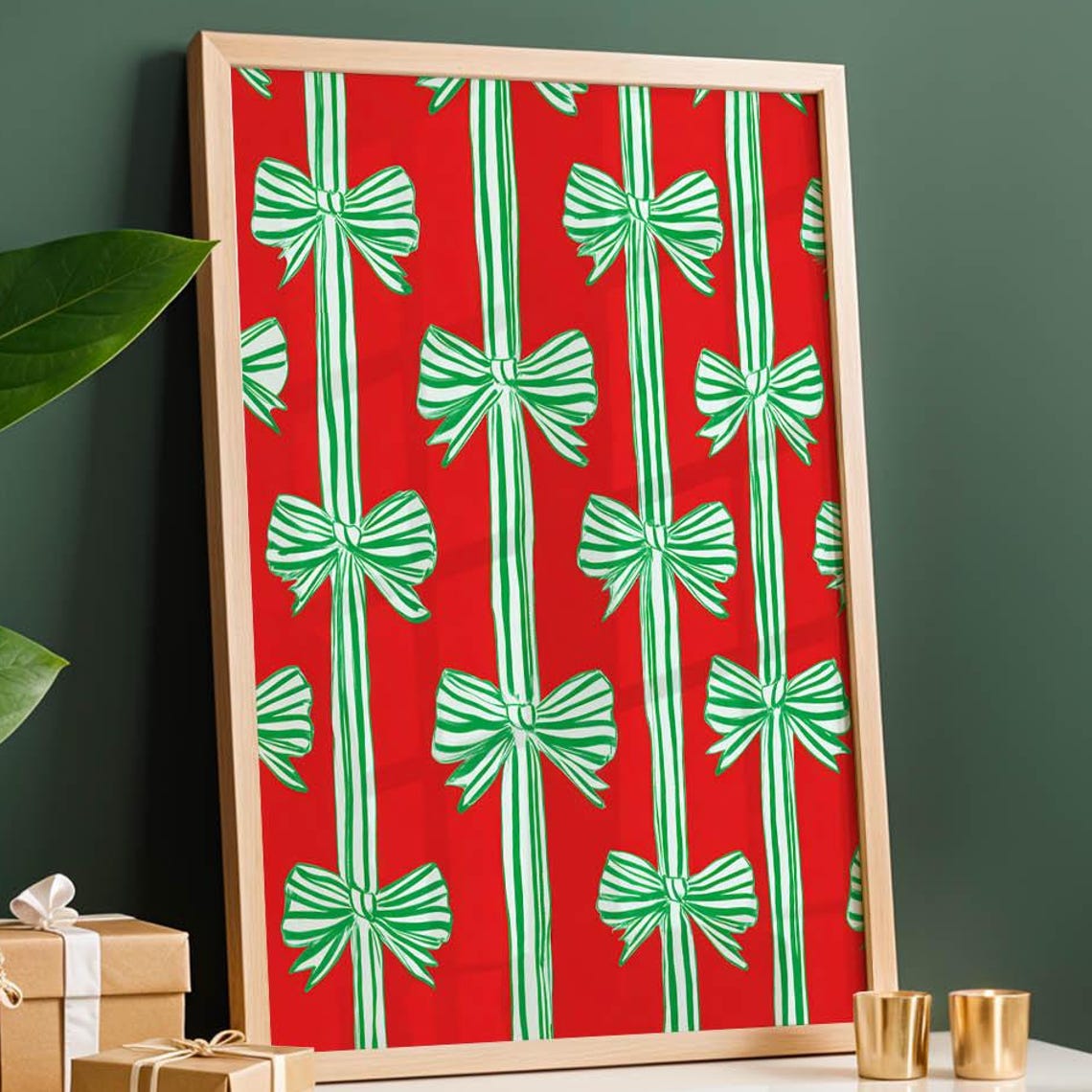 Christmas Ribbon Bows Green Stripes on Red Festive Pattern Art Poster