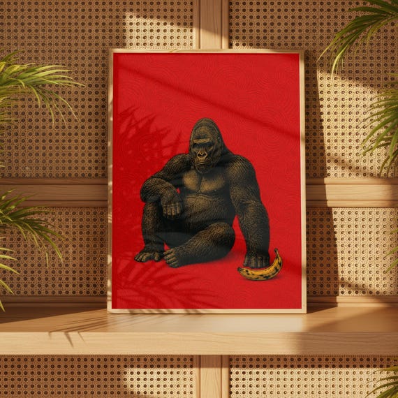 Gorilla Wall Art Print Bold Red Statement Decor Minimalist Wildlife Poster