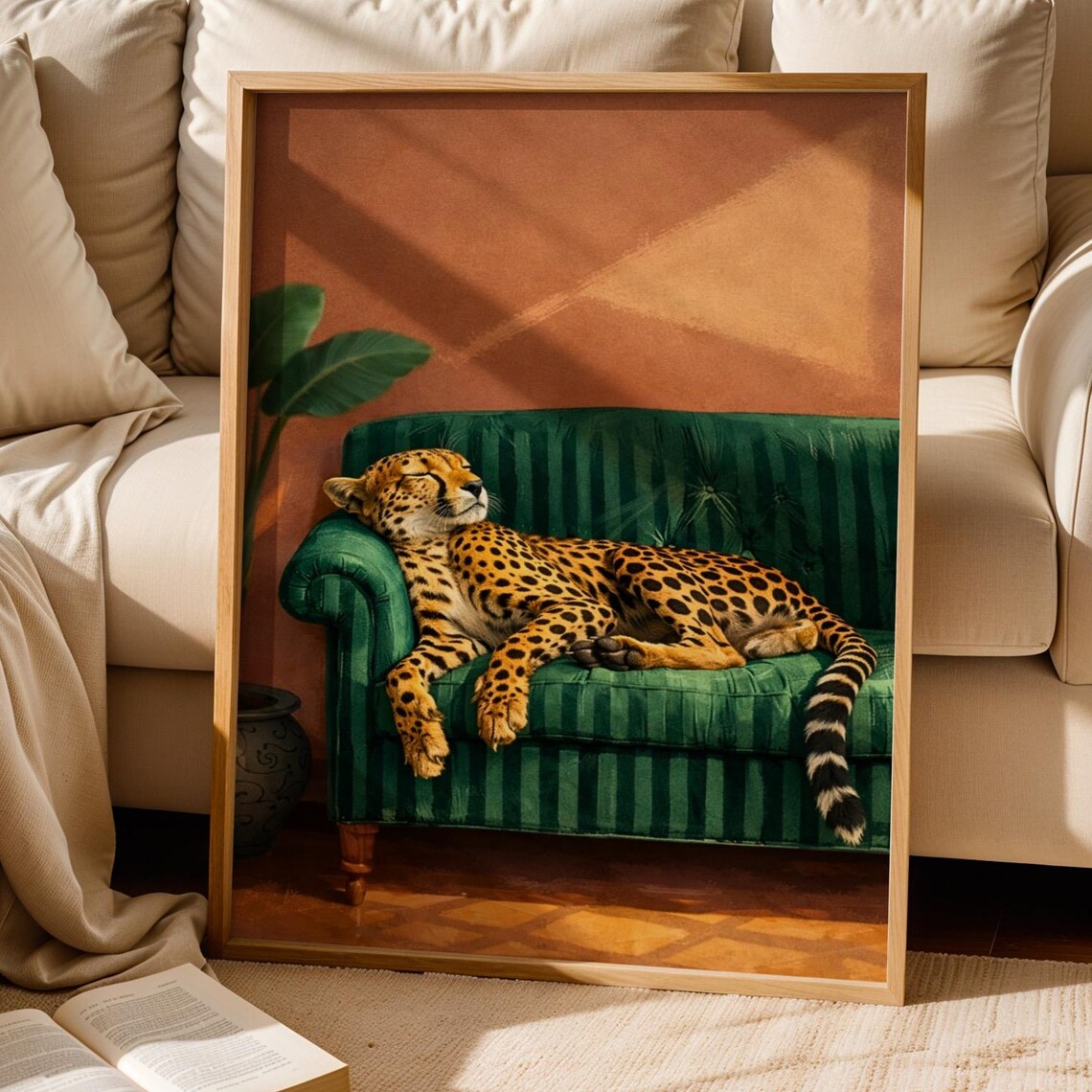 Sleeping Cheetah Green Velvet Sofa Maximalist Animal Room Art Poster