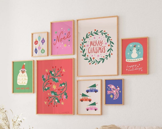 Christmas Gallery Wall Art 10 Printables Trendy Boho Christmas Prints Cute Colorful Holiday Wall Decorations