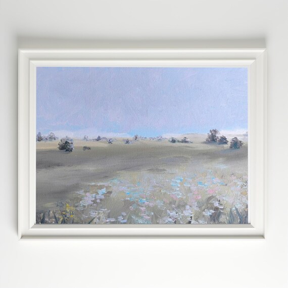 Peaceful Misty Prairie Field Neutral Country Landscape Oil Art Poster