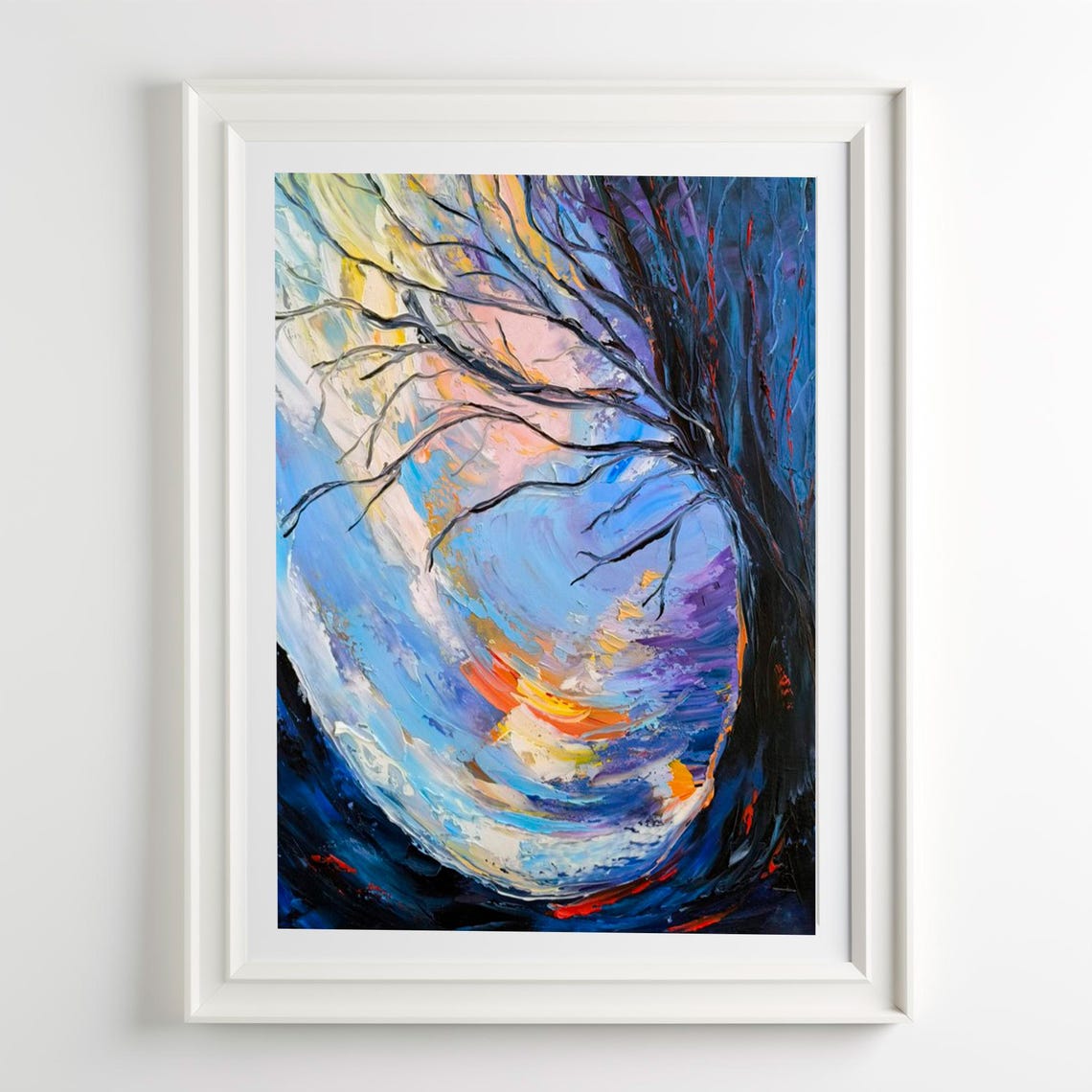 Abstract Tree Silhouette Swirling Blue Sky Textured Oil Art Poster