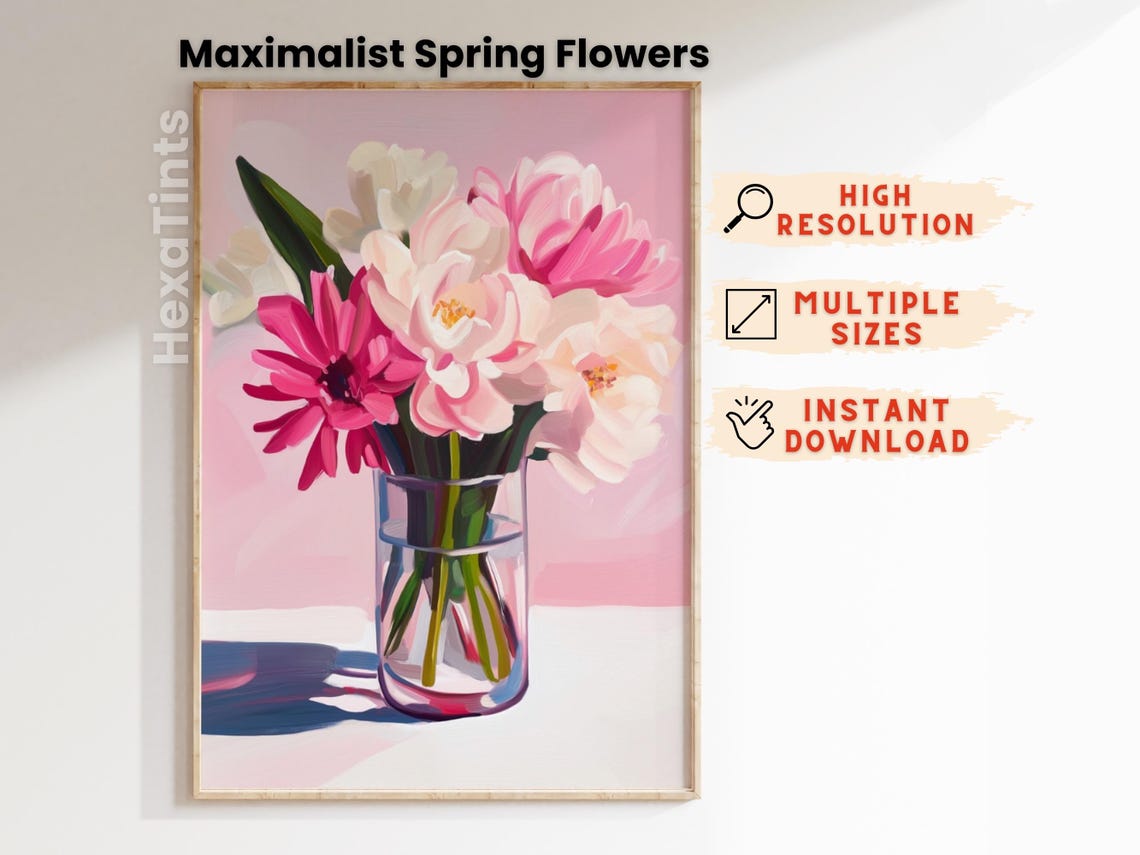 Pink Peonies Vase Bold Acrylic Floral Painting Maximalist Wall Poster - Image 4