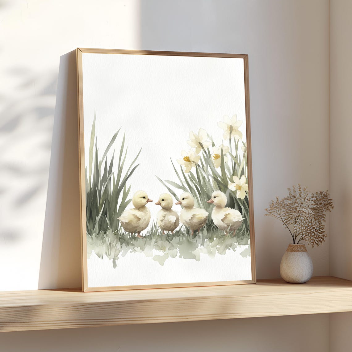 Four Ducklings And Daffodils Watercolor Cute Spring Nursery Art Print