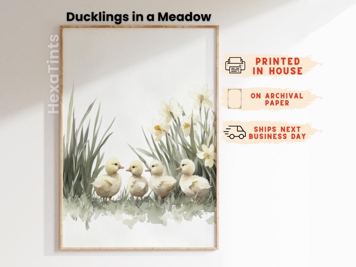 Four Ducklings And Daffodils Watercolor Cute Spring Nursery Art Print - Image 4
