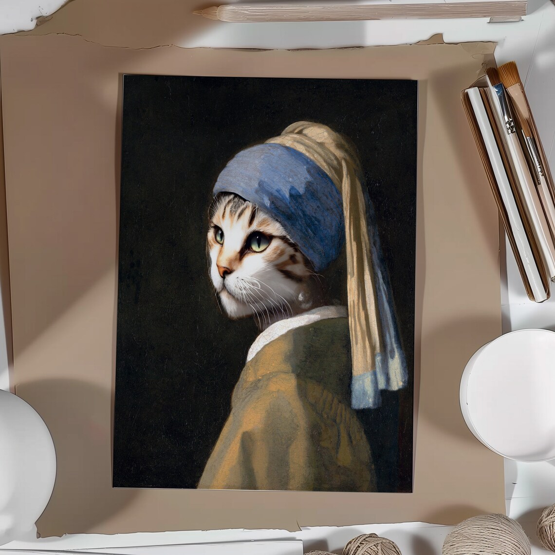 Cat With A Pearl Earring Funny Altered Vintage Art Humorous Kitten Art Print - Image 3