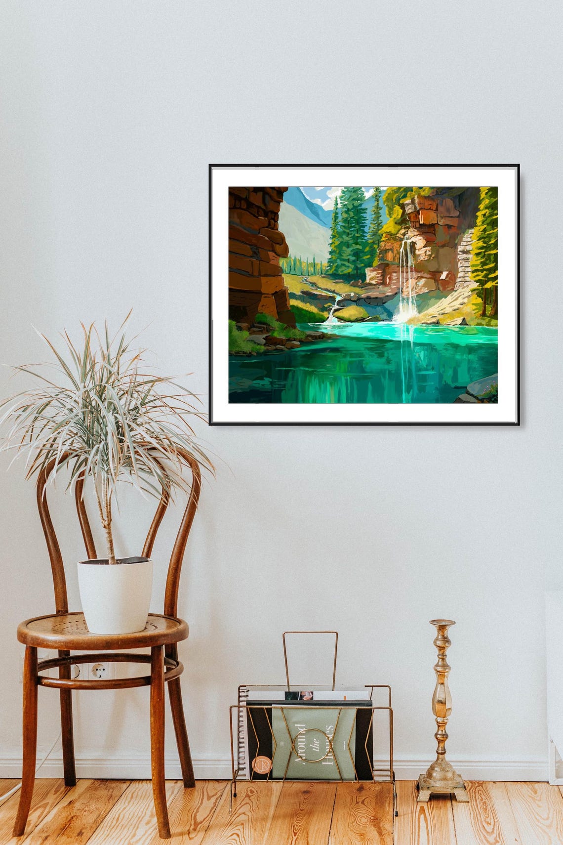 Mountain Lake Waterfall Turquoise Lake Pines Landscape Poster - Image 2
