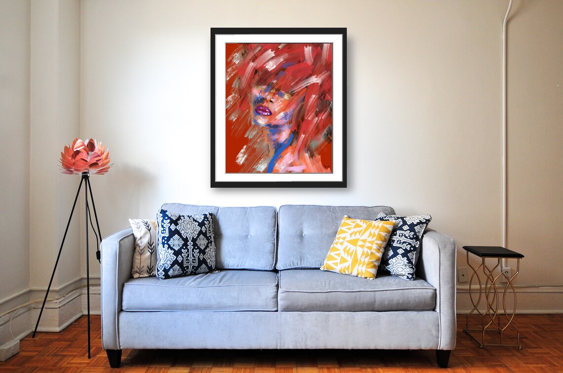 Mysterious Woman's Face On Red, Abstract Art Print - Image 3