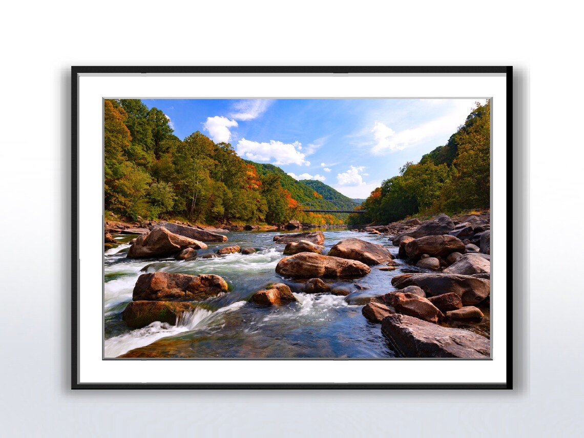 River Rapids And Bridge, Autumn Fall Landscape Art Print