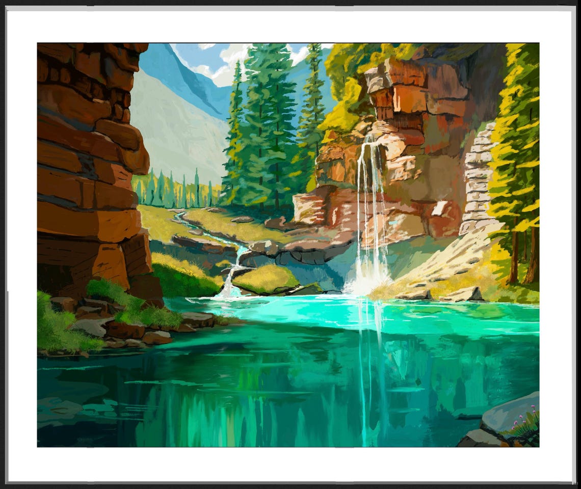 High Mountain Lake With Waterfall Painting Downloadble Lake Art Mountain Lake Art