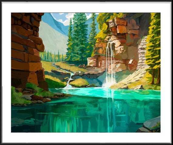 High Mountain Lake With Waterfall Painting Downloadble Lake Art Mountain Lake Art