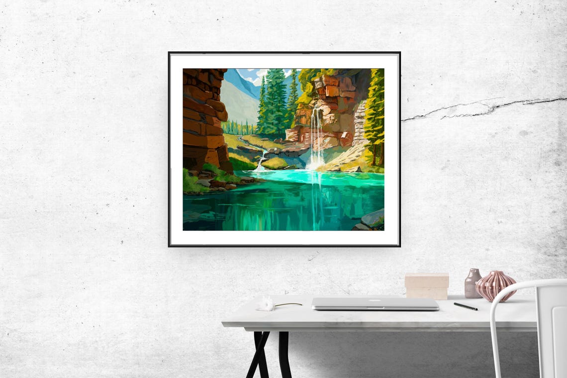 High Mountain Lake With Waterfall Painting Downloadble Lake Art Mountain Lake Art - Image 4