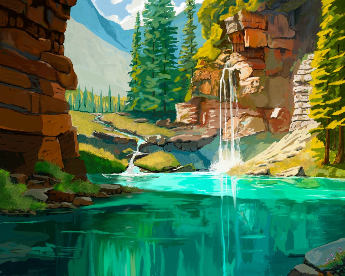 High Mountain Lake With Waterfall Painting Downloadble Lake Art Mountain Lake Art - Image 3