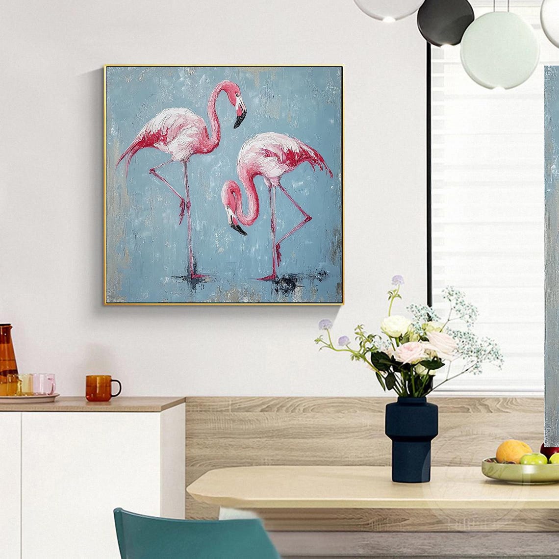 Two Pink Flamingos On Blue Grey Background Tropical Painting Poster - Image 4