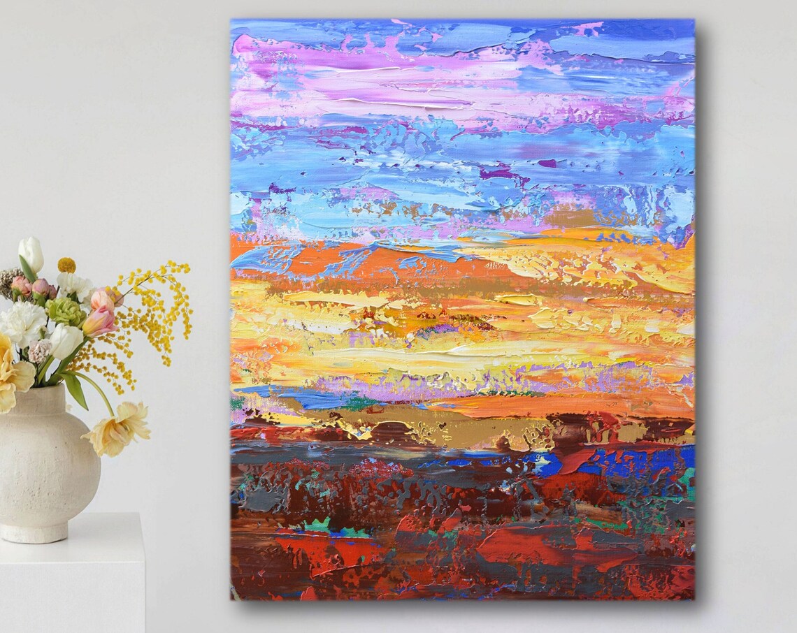 Abstract Sunset Ocean Purple Orange Sky Fiery Waves Art Poster