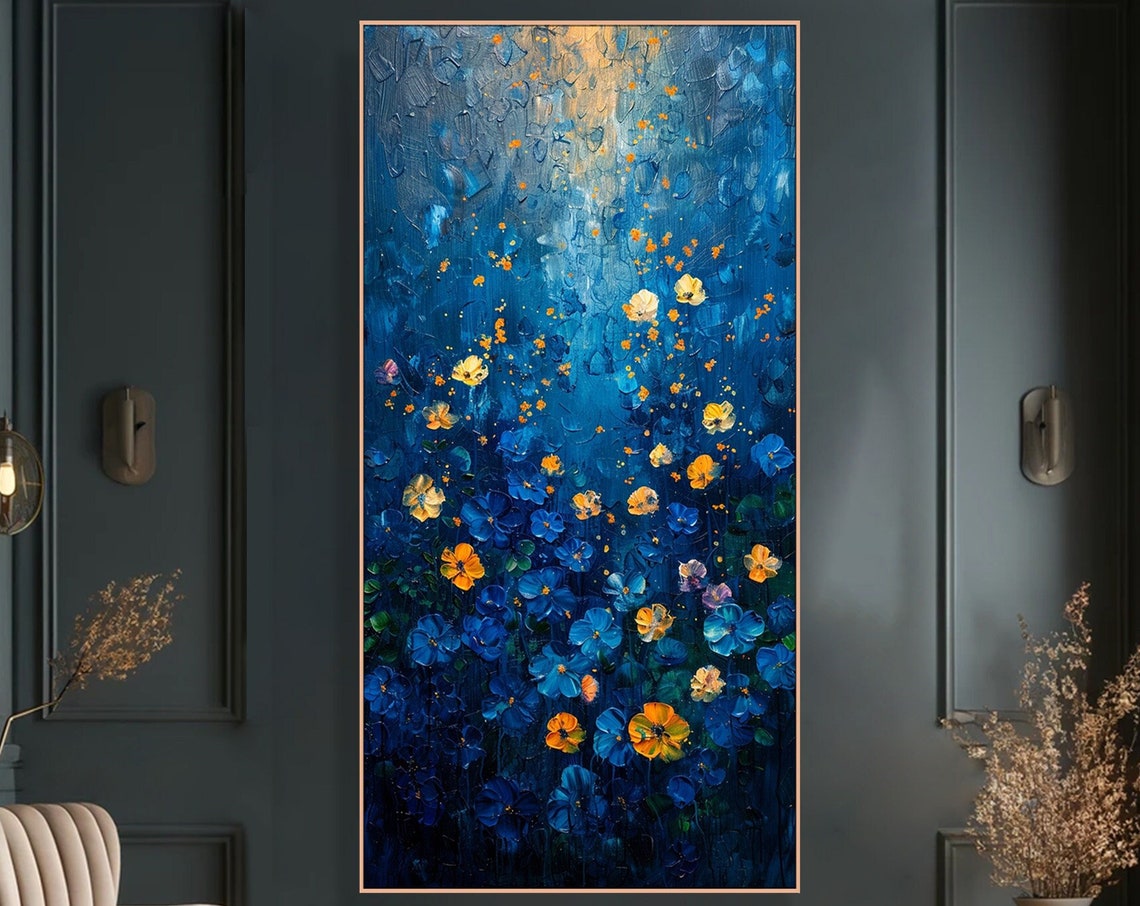 Midnight Garden Blue Flowers Gold Sparkles Vertical Floral Art Poster