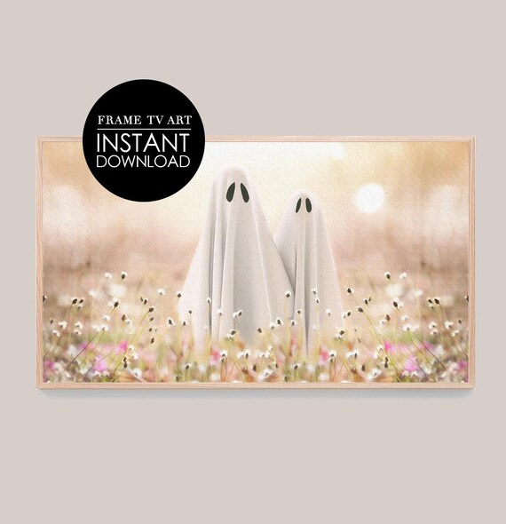 Two Ghosts in Wildflower Meadow Vintage Fall Neutral Spooky Cute Decor Print