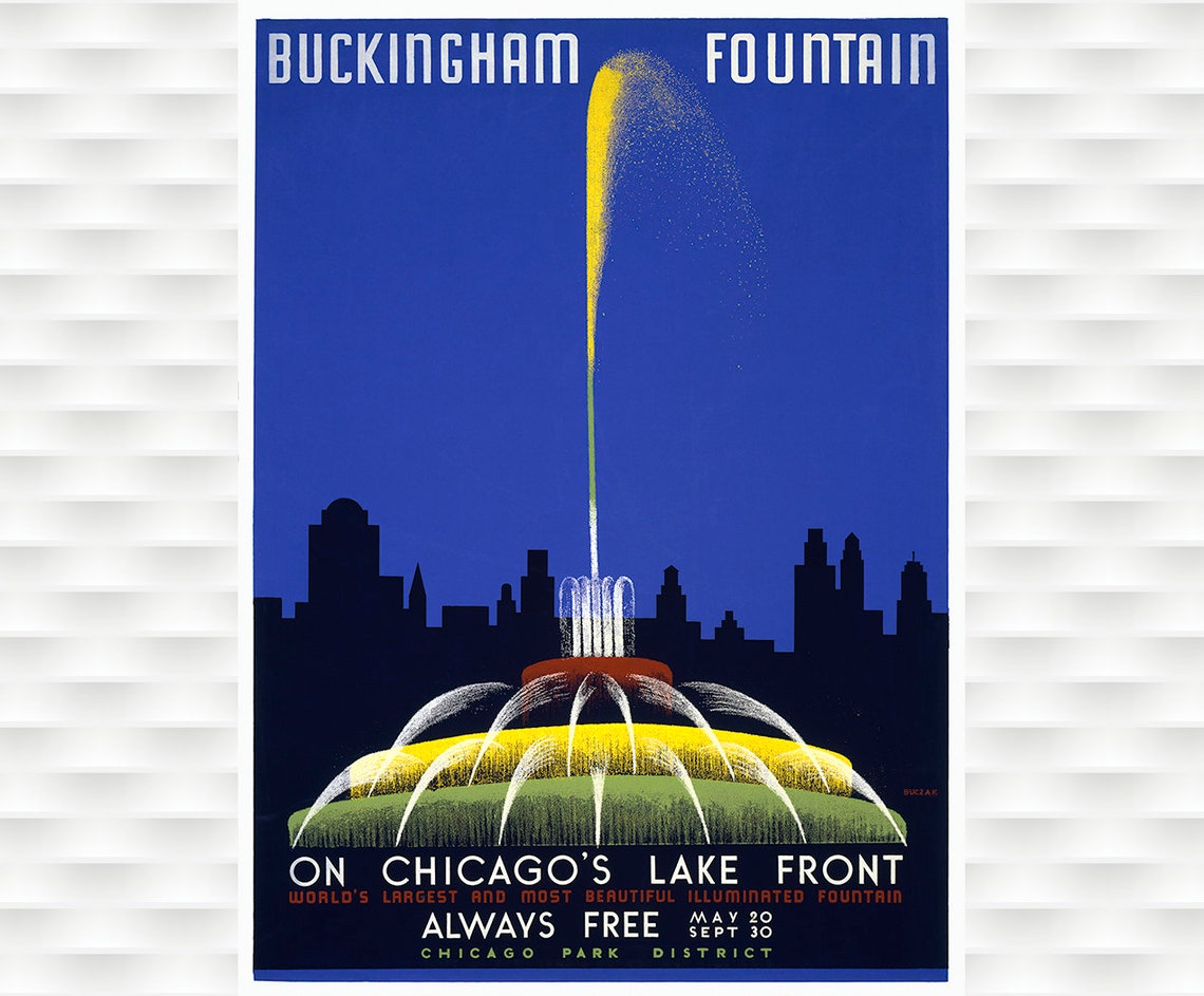 Buckingham Fountain Chicago Lake Front Art Deco Illuminated Poster