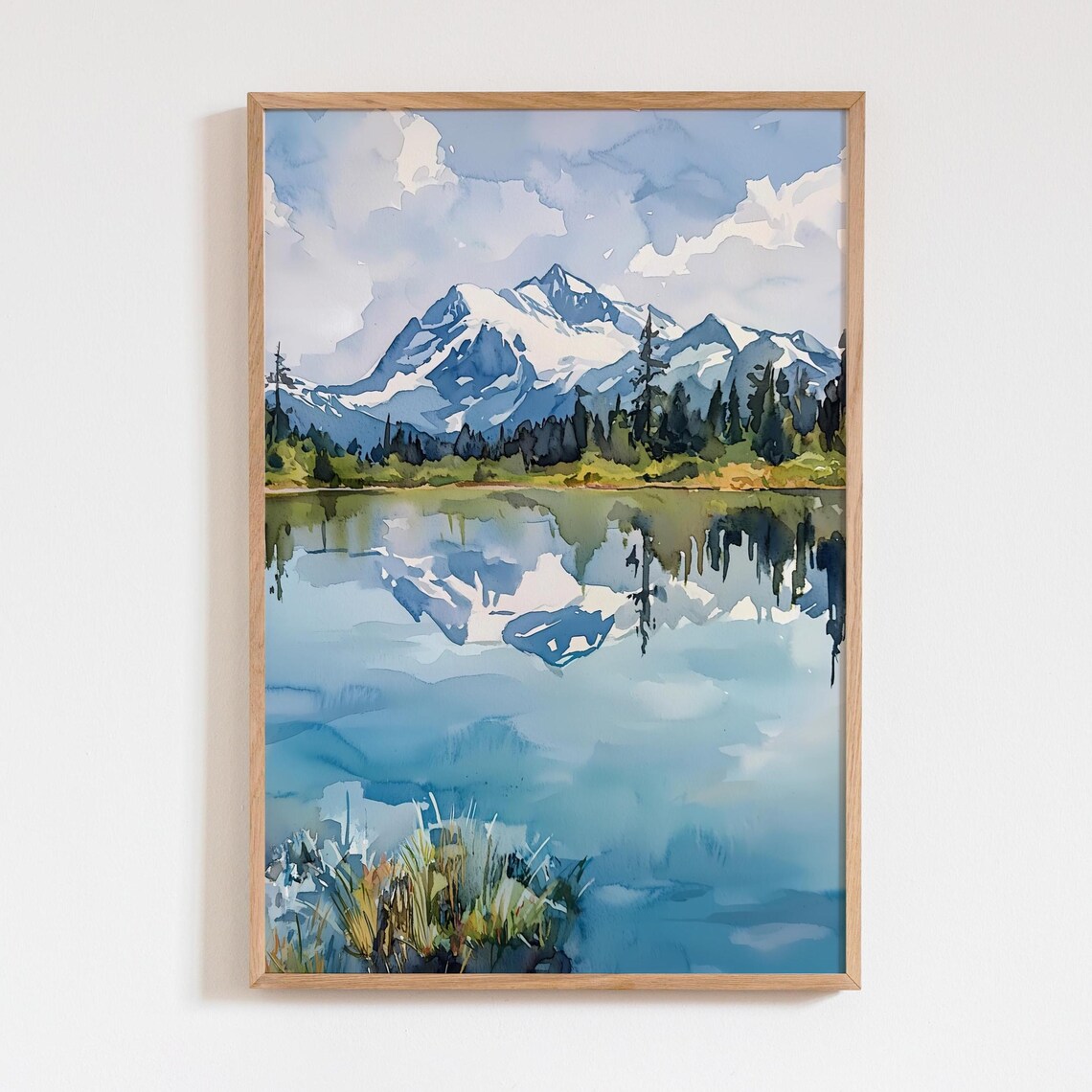 Mount Shuksan Snowy Peak Alpine Lake Reflection Watercolor Print