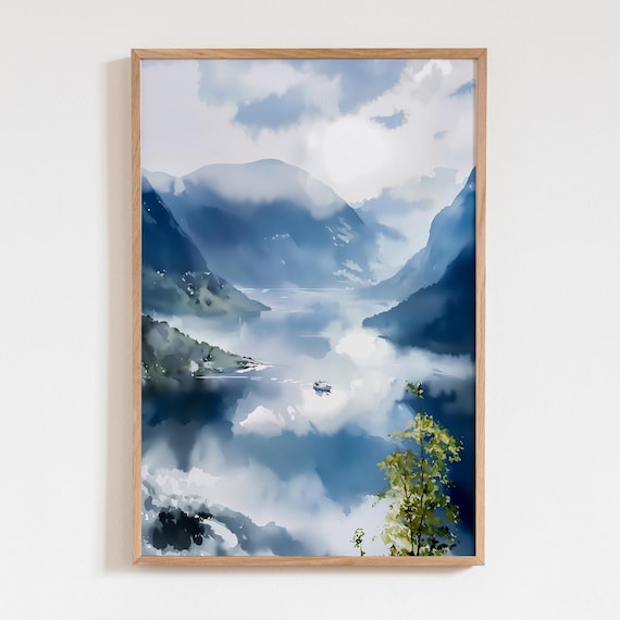 Norway Fjord Watercolor Poster, Misty Landscape