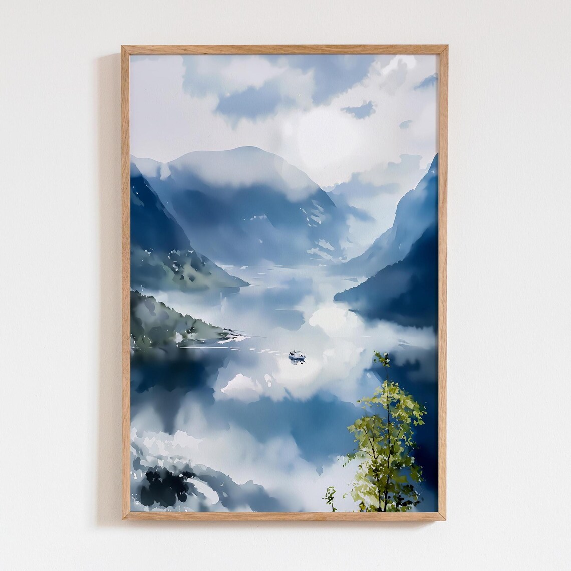 Norway Fjord Watercolor Poster, Misty Landscape