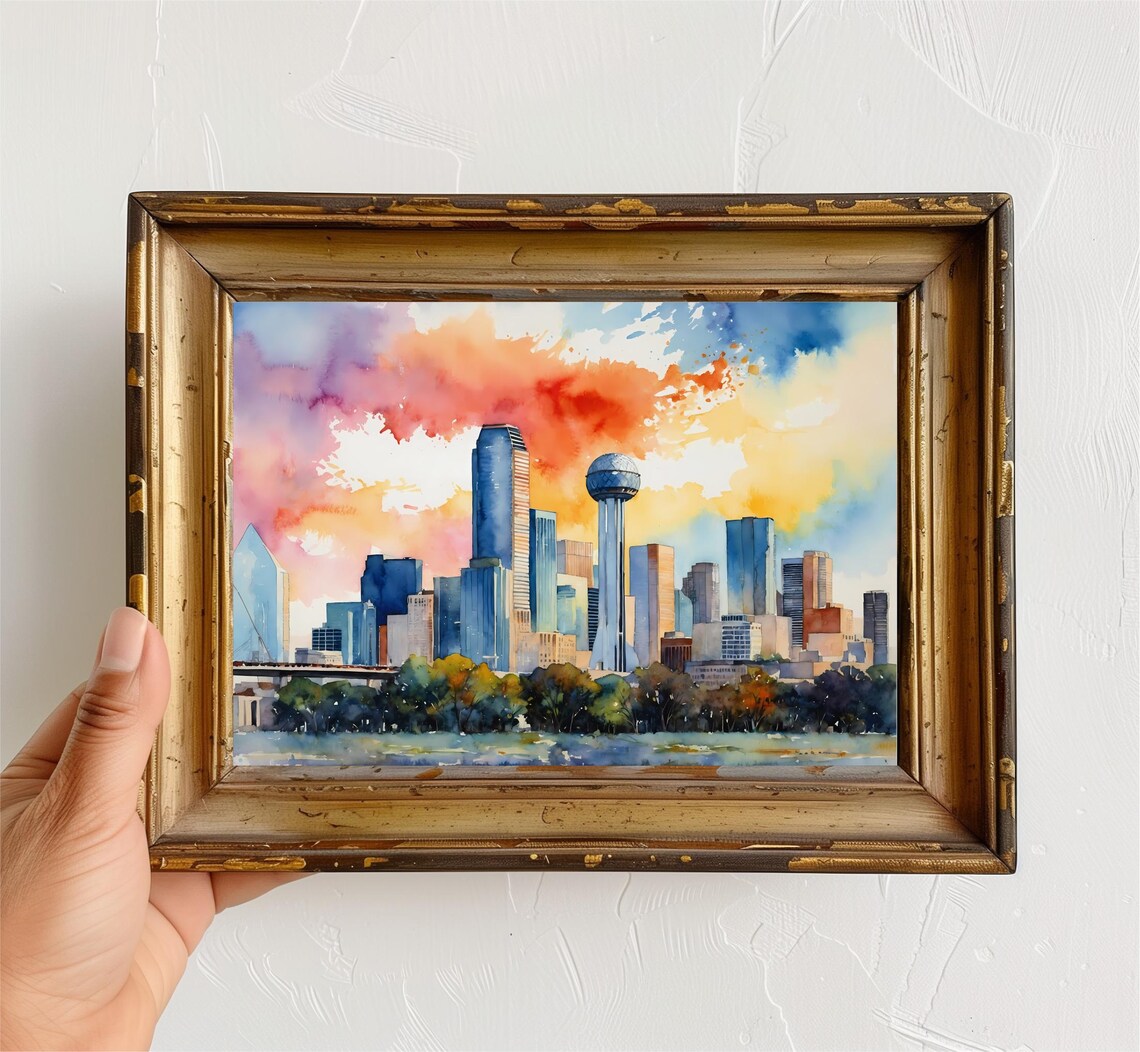 Dallas Skyline Watercolor Art Print, Texas Cityscape