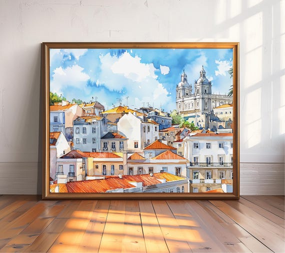 Lisbon Cityscape Watercolor Print Portugal Wall Art Orange Roofs Travel Decor Cathedral Illustration Gift