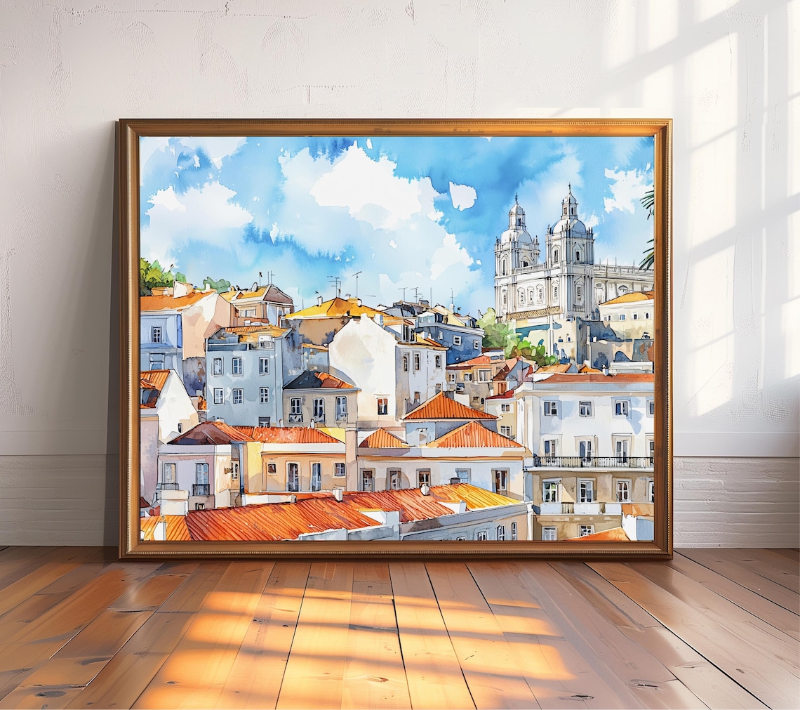 Lisbon Portugal Watercolor Print Sunny City Rooftops Church Art Decor