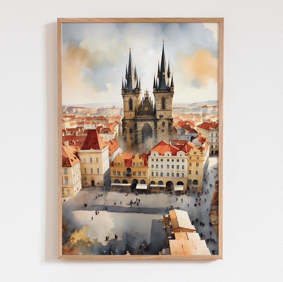 Prague Travel Poster Old Town Square Art Print Watercolor Cityscape Czech Republic Wall Praha Architecture Decor